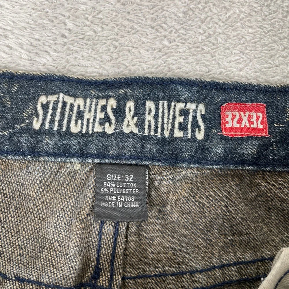 Stitches & Rivets Moto Biker Jeans Mens 32x32 Blue Acid Wash Distressed Slim Fit